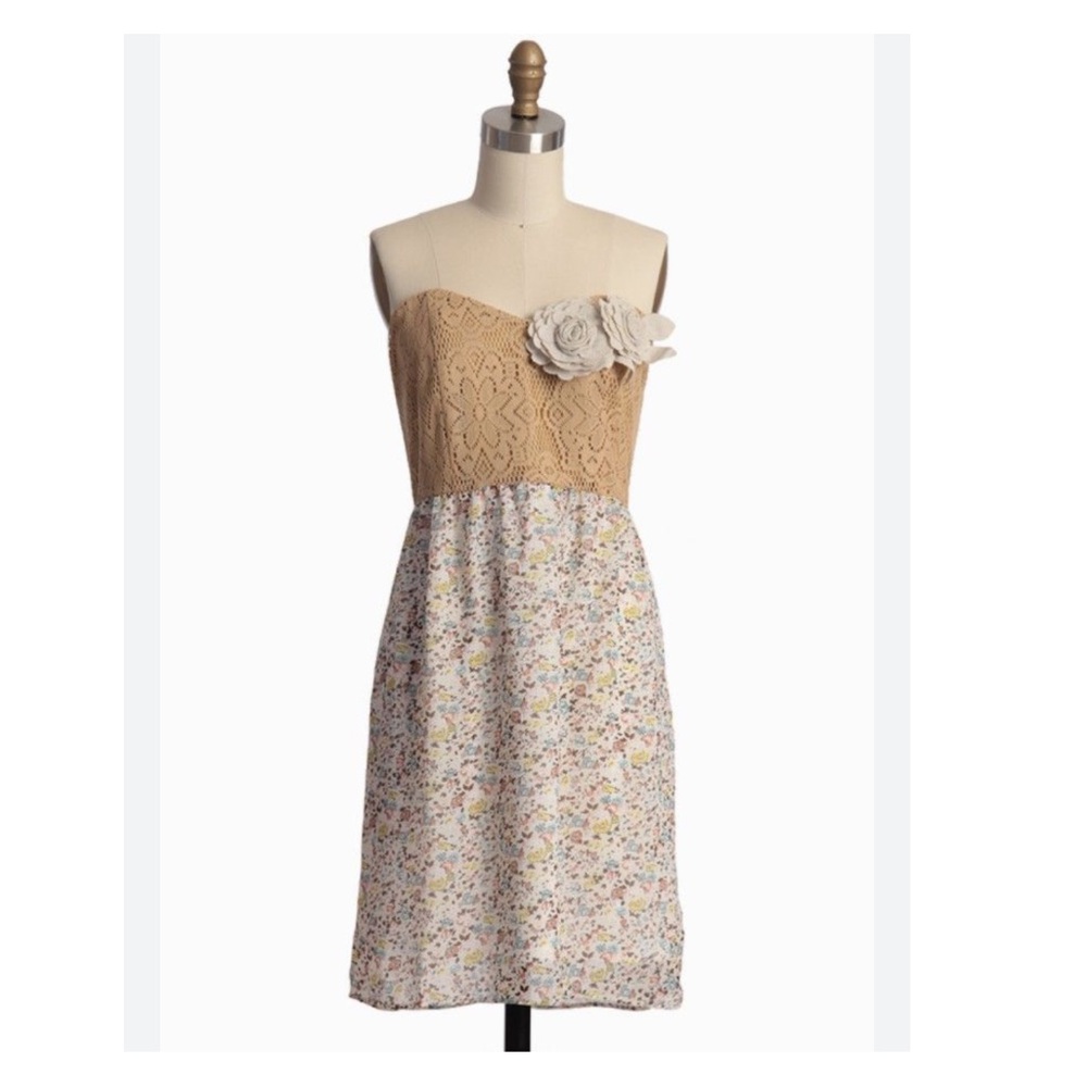 NWT Judith March Tan Strapless Dress Rosette Floral Boho Mini Medium